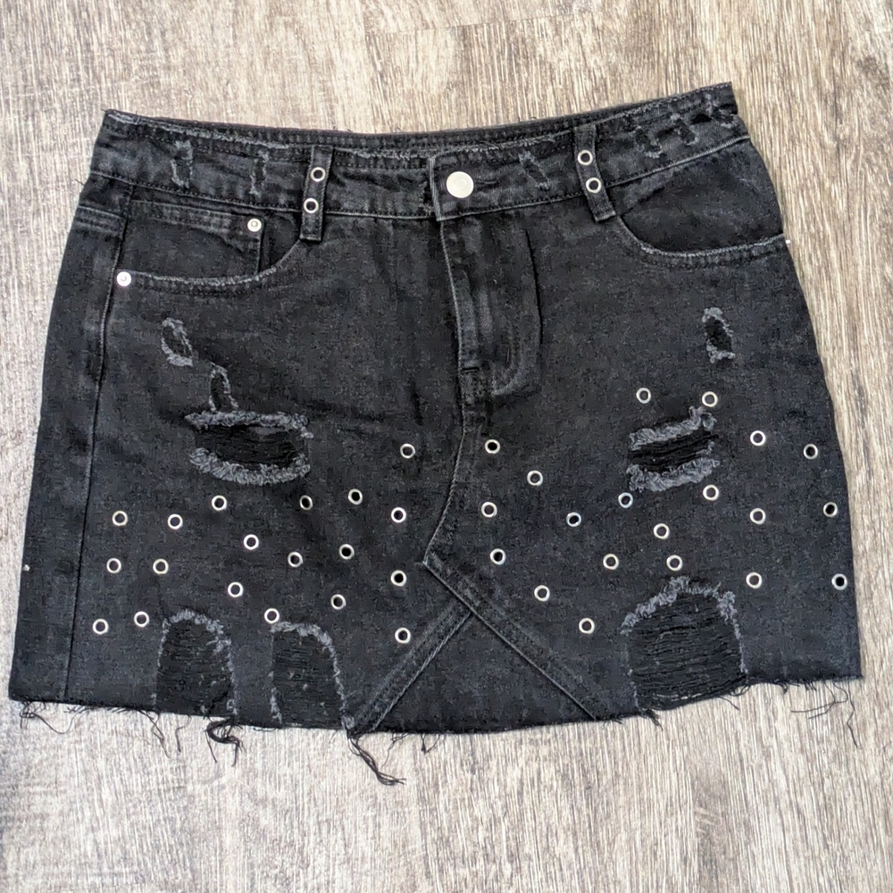 Black Distressed Denim Skirt
